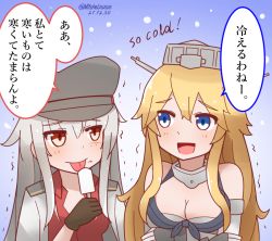 Rule 34 | 2girls, blonde hair, blue eyes, breasts, brown eyes, brown gloves, cleavage, dated, facial scar, food, front-tie top, gangut (kancolle), gloves, grey hair, hat, iowa (kancolle), jacket, jacket on shoulders, kantai collection, large breasts, long hair, medium breasts, mitchell (dynxcb25), multiple girls, popsicle, scar, scar on cheek, scar on face, snowing, tongue, tongue out, translation request, trembling, twitter username