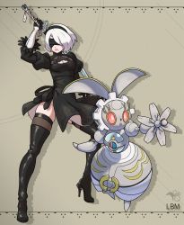 Rule 34 | 1girl, android, arm up, black blindfold, black dress, black gloves, black hairband, black thighhighs, blindfold, boots, breasts, brown background, cleavage cutout, clothing cutout, creatures (company), crossover, dress, game freak, gen 7 pokemon, gloves, hairband, high heel boots, high heels, highres, juliet sleeves, legendary pokemon, long sleeves, magearna, magearna (normal), medium breasts, metalmorag, mole, mole under mouth, mythical pokemon, nier (series), nier:automata, nintendo, pokemon, pokemon (creature), puffy sleeves, short hair, skindentation, standing, sword, thigh boots, thigh strap, thighhighs, weapon, white hair, 2b (nier:automata)