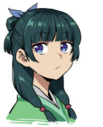 1girl :&lt; blue_eyes closed_mouth cropped_shoulders freckles from_side green_hair green_robe hair_over_shoulder half_updo henriiku_(ahemaru) highres kusuriya_no_hitorigoto long_hair looking_at_viewer looking_to_the_side low-tied_long_hair maomao_(kusuriya_no_hitorigoto) portrait raised_eyebrows robe simple_background solo white_background