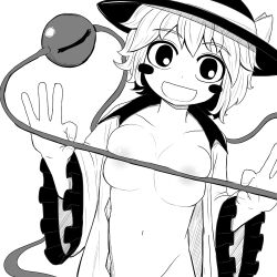 Rule 34 | 1girl, :d, black eyes, black hat, blouse, blush stickers, bow, breasts, buttons, collarbone, diamond button, eyeball, frilled sleeves, frills, greyscale, groin, hat, hat bow, hat ribbon, kigan&#039;eiji, komeiji koishi, long sleeves, looking at viewer, medium breasts, monochrome, navel, nude, open clothes, open mouth, open shirt, ribbon, shirt, short hair, simple background, smile, solo, third eye, touhou, upper body, wavy hair, white background, wide sleeves