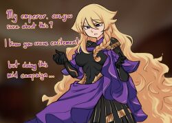 Rule 34 | 1girl, armor, blank eyes, blonde hair, blurry, blurry background, braid, breastplate, breasts, centurii-chan (artist), colored eyelashes, commentary, covered navel, english commentary, english text, gauntlets, hair between eyes, highres, large breasts, long hair, open mouth, original, purple eyes, purple robe, robe, roman armor, side braid, solo, very long hair