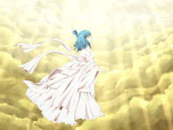 Rule 34 | 1girl, alternate costume, anime coloring, bad id, bad pixiv id, blue hair, breasts, cloud, dress, female focus, floating, frilled dress, frills, hagoromo, hair ornament, hair rings, highres, jean0503, kaku seiga, light rays, long sleeves, looking up, medium breasts, parted lips, profile, shawl, short hair, sky, solo, touhou, white dress, wide sleeves, wind, yellow sky