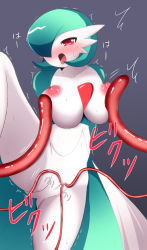 Rule 34 | 1girl, arms behind back, artist request, blush, breasts, censored, clitoral stimulation, clitoris, collarbone, creatures (company), female focus, game freak, gardevoir, gen 3 pokemon, green hair, grey background, hair over one eye, half-closed eyes, highres, large breasts, leg lift, mosaic censoring, navel, nintendo, nipples, nude, open mouth, pokemon, pokemon (creature), pokemon rse, pussy, red eyes, short hair, simple background, solo, spread legs, standing, standing on one leg, sweat, tentacles, text focus, tongue, tongue out, translation request, trembling