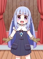 Rule 34 | 1girl, :d, ahoge, blue hair, blunt bangs, blurry, blurry background, brown gloves, commentary request, depth of field, dress, gloves, halfling, highres, ishuzoku reviewers, long hair, looking at viewer, open mouth, piltia, purple eyes, ribbed sweater, roco (katsuya1011), short eyebrows, smile, solo, standing, sweater, sweater dress, thick eyebrows, very long hair