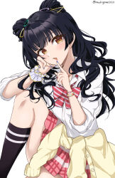 Rule 34 | 1girl, black hair, black socks, blue nails, blush, bow, bowtie, bracelet, brown eyes, chamumi (mochiumee), checkered clothes, checkered skirt, clothes around waist, commentary, double bun, eyelashes, gyaru, hair bun, hair ornament, hairclip, head rest, highres, idolmaster, idolmaster shiny colors, index finger raised, jewelry, long hair, long sleeves, looking at viewer, mayuzumi fuyuko, miniskirt, official alternate costume, open collar, parted lips, pink bow, pink bowtie, pink skirt, scrunchie, shirt, sitting, skirt, sleeves rolled up, socks, solo, striped bow, striped bowtie, striped clothes, sweater, sweater around waist, thighs, twitter username, wavy hair, white background, white shirt, wrist scrunchie, yellow sweater