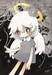 Rule 34 | + +, 1girl, angel, angel wings, blush, dated, dress, feathered wings, feet out of frame, grey dress, grey eyes, hair between eyes, halo, highres, index finger raised, medium hair, no nose, original, shadow, short sleeves, signature, solo, white hair, white wings, wings, wire, zukky000