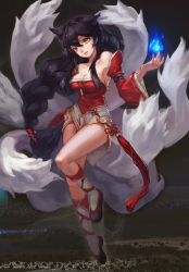 Rule 34 | 1girl, ahri (league of legends), animal ears, bi ge xing, black hair, braid, breasts, detached sleeves, energy ball, female focus, fox ears, fox tail, full body, hair between eyes, hand on own hip, korean clothes, large breasts, league of legends, lips, long hair, looking to the side, miniskirt, multiple tails, off shoulder, parted lips, single braid, skirt, solo, standing, standing on one leg, tail, very long hair, wide sleeves, yellow eyes