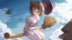 Rule 34 | 1girl, animal, bird, black-framed eyewear, blue eyes, blue sky, blurry, blurry foreground, blush, broom, broom riding, brown hair, capelet, closed mouth, cloud, commentary request, day, depth of field, double bun, dress, feet out of frame, gloves, hair bun, hat, highres, looking at viewer, mimikaki (men bow), original, outdoors, pink capelet, pink dress, pink gloves, pink hat, semi-rimless eyewear, sitting, sky, smile, solo, under-rim eyewear, unworn hat, unworn headwear, witch hat