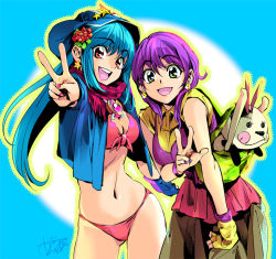 Rule 34 | 2girls, :d, bad id, bad pixiv id, bag, bikini, blue background, blue hair, breasts, cleavage, earrings, fingerless gloves, front-tie top, gloves, green eyes, hat, jewelry, multiple girls, nail art, nail polish, navel, open mouth, original, pink nails, popqn, purple hair, purple nails, red eyes, signature, single glove, smile, swimsuit, v