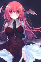 Rule 34 | 1girl, arms behind back, black background, black necktie, black thighhighs, blush, breasts, collared shirt, cowboy shot, demon girl, demon wings, dress, eyebrows, garter straps, head wings, highres, holding own arm, koakuma, large breasts, long sleeves, looking at viewer, low wings, necktie, pandamonium, pink eyes, red dress, red hair, shirt, simple background, smile, solo, standing, tareme, thighhighs, touhou, white shirt, wind, wind lift, wings, zettai ryouiki