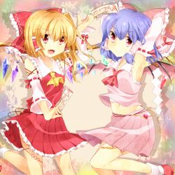 Rule 34 | 2girls, ai maron, armpits, arms up, ascot, ayu maron, bad id, bad pixiv id, bare shoulders, blonde hair, blue hair, bow, cosplay, detached sleeves, fang, female focus, flandre scarlet, hair bow, hair tubes, hakurei reimu, hakurei reimu (cosplay), highres, japanese clothes, midriff, miko, multiple girls, ofuda, red eyes, remilia scarlet, short hair, siblings, side ponytail, sisters, touhou, wings