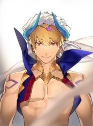 Rule 34 | 1boy, arabian clothes, blonde hair, closed mouth, earrings, fate/grand order, fate (series), gilgamesh, gilgamesh (caster) (fate), gilgamesh (fate), ginka sima, hair between eyes, headdress, highres, jewelry, looking at viewer, male focus, red eyes, short hair, smile