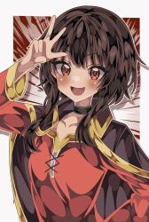 Rule 34 | 1girl, :d, black cape, blush, border, breasts, brown hair, cape, collarbone, commentary, dress, hand on own hip, hand up, highres, kono subarashii sekai ni shukufuku wo!, long sleeves, looking at viewer, megumin, open mouth, outline, outside border, red background, red dress, red eyes, shiki (kisikisi1007), short hair, short hair with long locks, sidelocks, small breasts, smile, solo, sunburst, sunburst background, upper body, w over face, white background, white border, white outline