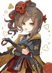 Rule 34 | 1girl, :d, akizuwa, black gloves, brown hair, chiori (genshin impact), cowboy shot, detached sleeves, dot nose, drill hair, drill ponytail, elbow gloves, fang, from side, genshin impact, gloves, grey kimono, hair ornament, hair stick, highres, japanese clothes, kimono, long hair, long sleeves, looking at viewer, obi, open mouth, red eyes, sash, side ponytail, sidelocks, simple background, skin fang, skirt, smile, solo, swept bangs, white background, yellow skirt, yellow sleeves