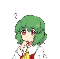 Rule 34 | 1girl, ?, ascot, bad id, bad twitter id, collared shirt, face, green hair, hand on own chin, kazami yuuka, kotdesu, long sleeves, lowres, plaid, plaid vest, red eyes, red vest, shirt, short hair, simple background, stroking own chin, thinking, touhou, vest, white background, white shirt, yellow ascot