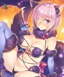 Rule 34 | 1girl, animal ears, arm support, bare shoulders, blush, breasts, cleavage, detached collar, fate/grand order, fate (series), fur-trimmed gloves, fur-trimmed legwear, fur collar, fur trim, gloves, hair over one eye, jack-o&#039;-lantern, large breasts, light purple hair, looking at viewer, mash kyrielight, mash kyrielight (dangerous beast), navel, o-ring, official alternate costume, purple eyes, purple gloves, purple legwear, revealing clothes, shiny skin, short hair, sitting, skindentation, smile, solo, spread legs, stomach, tail, tareme, thighs, wolf ears, wolf tail, yuuki hagure