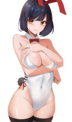 Rule 34 | 1girl, absurdres, animal ears, bare shoulders, black hair, blush, bow, bowtie, breast hold, breasts, cleavage, covered navel, detached collar, fake animal ears, frown, genshin impact, hands on own chest, haneramu, highleg, highleg leotard, highres, kujou sara, large breasts, leotard, looking at viewer, mole, mole under eye, playboy bunny, rabbit ears, rabbit tail, shiny skin, short hair, simple background, solo, strapless, strapless leotard, tail, thighhighs, thighs, white background, white leotard, wrist cuffs, yellow eyes