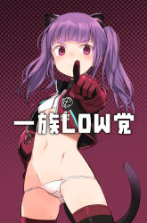 Rule 34 | 1girl, alice gear aegis, animal ears, bandeau, blush, breasts, cat ears, cat tail, commentary request, cowboy shot, cropped jacket, dotted background, gloves, ichijou ayaka, jacket, long hair, looking at viewer, lowleg, lowleg panties, navel, open clothes, open jacket, panties, pointing, pointing at viewer, purple eyes, purple hair, shimada fumikane, small breasts, smile, solo, tail, thighhighs, translation request, twintails, underwear, white bandeau, white panties