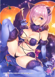Rule 34 | 1girl, absurdres, animal ears, ankle boots, arm support, bare shoulders, blush, boots, breasts, candy, cleavage, detached collar, elbow gloves, fate/grand order, fate (series), food, fur-trimmed boots, fur-trimmed gloves, fur-trimmed legwear, fur collar, fur trim, gloves, hair over one eye, high heel boots, high heels, highres, jack-o&#039;-lantern, large breasts, looking at viewer, mash kyrielight, mash kyrielight (dangerous beast), navel, o-ring, official alternate costume, page number, pink hair, pumpkin, purple eyes, purple footwear, purple gloves, purple thighhighs, revealing clothes, scan, shiny clothes, shiny skin, short hair, sitting, skindentation, solo, spread legs, star (symbol), stomach, tail, tareme, thighhighs, thighs, wolf ears, wolf tail, yuuki hagure