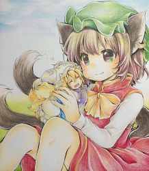Rule 34 | 2girls, :d, animal ears, animal hat, blonde hair, bow, bowtie, brown eyes, brown hair, cat ears, cat tail, chen, closed eyes, closed mouth, earrings, fangs, fox tail, green headwear, hanabi (karintou15), hat, highres, holding person, jewelry, kitsune, long sleeves, looking at another, mini person, minigirl, mob cap, multiple girls, multiple tails, nekomata, open mouth, short hair, single earring, size difference, skin fangs, smile, tail, touhou, traditional media, two tails, white headwear, yakumo ran, yellow bow, yellow bowtie