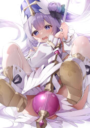 Rule 34 | 1girl, absurdres, azur lane, blush, classic (zildjian33), commentary request, covering privates, hair bun, highres, holding, holding staff, long sleeves, looking at viewer, non-web source, official alternate costume, open mouth, pantyhose, priestess, puffy long sleeves, puffy sleeves, purple eyes, purple hair, royal navy emblem (azur lane), single hair bun, single side bun, solo, staff, thighs, unicorn (azur lane), unicorn (snow white guardian angel) (azur lane), wavy mouth, white pantyhose, winged footwear