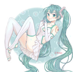 Rule 34 | 1girl, aqua eyes, aqua hair, aqua trim, arm tattoo, artist name, bare shoulders, closed mouth, clothing cutout, collarbone, commentary, dress, elbow gloves, english commentary, full body, gloves, hair ornament, hatsune miku, heart cutout, kikkidream, light blush, long hair, looking at viewer, neck tattoo, own hands together, pleated skirt, short dress, shoulder tattoo, side slit, signature, skirt, smile, solo, sparkle, tattoo, thighhighs, toeless legwear, twintails, underwear, very long hair, vocaloid, white background, white dress, white gloves, white thighhighs