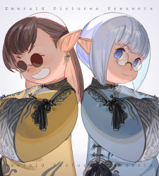 Rule 34 | 2girls, :d, china dress, chinese clothes, closed mouth, dress, earrings, emmmerald, final fantasy, final fantasy xiv, glasses, grey background, hands in opposite sleeves, jewelry, lalafell, long hair, long sleeves, looking at viewer, multiple girls, open mouth, pince-nez, pointy ears, purple dress, purple eyes, purple hair, round eyewear, short hair, simple background, smile, sunglasses, wide sleeves, yellow dress