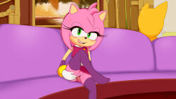 Rule 34 | amy rose, bottomless, excito, highres, licking lips, looking at viewer, public indecency, pussy, sonic (series), sonic boom (series), tails (sonic), thighhighs, tongue, tongue out