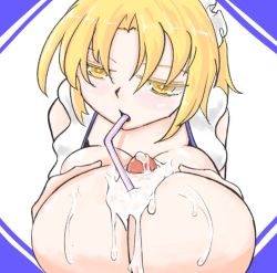 Rule 34 | 1girl, artist request, autopaizuri, blonde hair, breast hold, breasts, breasts out, breasts squeezed together, bust cup, cum, cum on body, cum on breasts, cum on upper body, cum pool, gokkun, drinking straw, huge breasts, lotus land story, maid, maid headdress, masturbation, mugetsu (touhou), negataipa, paizuri, penis, pov, straw, touhou, touhou (pc-98), white background, yellow eyes