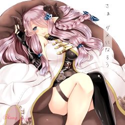 Rule 34 | 10s, 1girl, bad id, bad pixiv id, belt, black gloves, black thighhighs, blue eyes, blush, braid, breasts, draph, fingerless gloves, gloves, granblue fantasy, hair ornament, hair over one eye, horns, kanna (horntp), knees together feet apart, large breasts, long hair, looking at viewer, low-tied long hair, lying, narmaya (granblue fantasy), on back, pink hair, pointy ears, side braid, single braid, single thighhigh, skin tight, skindentation, smile, solo, text focus, thigh strap, thighhighs, translation request, twitter username