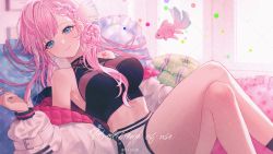 Rule 34 | 1girl, armpit crease, bare shoulders, black shirt, blue eyes, braid, breasts, chedam, closed mouth, crop top, crossed legs, earrings, fish, fymrie, goldfish, hair bun, highres, indie virtual youtuber, jacket, jewelry, large breasts, long hair, long sleeves, looking at viewer, lying, midriff, mole, mole on breast, nail polish, off shoulder, on back, open clothes, open jacket, pillow, pink hair, puffy sleeves, reclining, shirt, short shorts, shorts, shoulder tattoo, sleeveless, sleeveless shirt, sleeveless turtleneck, smile, solo, tattoo, thighs, turtleneck, virtual youtuber, white jacket, white shorts