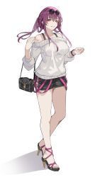 Rule 34 | 1girl, alternate costume, bag, bare legs, bare shoulders, black shorts, bra strap, breasts, chinese commentary, commentary request, do2mi doreimi, eyewear on head, full body, grin, hand up, handbag, high heels, highres, honkai: star rail, honkai (series), kafka (honkai: star rail), large breasts, long hair, long sleeves, looking at viewer, off-shoulder sweater, off shoulder, ponytail, purple eyes, purple hair, round eyewear, short shorts, shorts, shoulder tattoo, side slit, simple background, smile, solo, standing, sunglasses, suspenders hanging, sweater, tattoo, thighs, watch, white background, white sweater, wristwatch