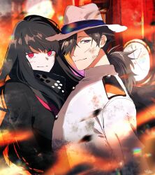 Rule 34 | 1boy, 1girl, black eyes, black hair, black scarf, black serafuku, blunt bangs, blurry, blurry background, buttons, clock, commentary request, dirty, dirty clothes, dirty face, fate/grand order, fate (series), fedora, fire, from side, hair over one eye, hat, highres, jacket, long hair, looking at viewer, looking to the side, low ponytail, neckerchief, oryou (fate), pink neckerchief, pirohi (pirohi214), red eyes, sakamoto ryouma (fate), scarf, school uniform, serafuku, smile, torn clothes, torn hat, upper body, white headwear, white jacket
