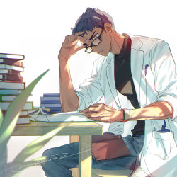 Rule 34 | 1boy, aged up, bespectacled, black-framed eyewear, book, bright pupils, chair, commentary request, creatures (company), denim, from side, game freak, glasses, highres, hop (pokemon), jeans, lab coat, looking down, male focus, moge-hera, nintendo, orange eyes, pants, parted lips, pokemon, pokemon swsh, purple hair, reading, shirt, short hair, signature, sitting, solo, table, white background, white pupils