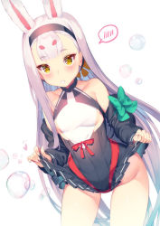 Rule 34 | 1girl, :o, animal ears, azur lane, bare shoulders, black dress, bow, breasts, bubble, clothes lift, collarbone, commentary request, cowboy shot, detached sleeves, dress, dress lift, green bow, groin, hairband, heart, highleg, highleg panties, long hair, long sleeves, looking at viewer, open mouth, panties, red panties, sanpaku, shimakaze (azur lane), small breasts, solo, spoken blush, standing, thighs, underwear, very long hair, white background, white hair, yellow eyes, yoshimoto (dear life)