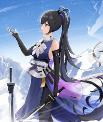 Rule 34 | 1girl, :o, arm up, black gloves, black hair, black leggings, blue dress, blue sky, breasts, dress, elbow gloves, feet out of frame, gloves, highres, holding, holding sword, holding weapon, knife sheath, knife sheath, leggings, long hair, looking away, medium breasts, multicolored hair, open mouth, orange eyes, partially fingerless gloves, ponytail, qing wu, saki fuwa (tower of fantasy), sheath, sideboob, sky, solo, standing, streaked hair, sword, tower of fantasy, weapon