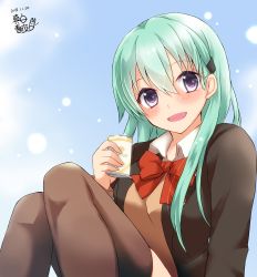 Rule 34 | 1girl, aqua hair, blue background, brown thighhighs, can, canned coffee, cardigan, commentary request, dated, drink can, hair ornament, hairclip, highres, kantai collection, long hair, looking at viewer, mashiro yukiya, one-hour drawing challenge, open cardigan, open clothes, purple eyes, remodel (kantai collection), school uniform, signature, sitting, solo, suzuya (kancolle), thighhighs, vest