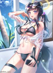 Rule 34 | aekun cben, alternate costume, animal ears, bikini, black hair, blue archive, breasts, cleavage, collarbone, commentary request, dog ears, dog tail, halo, hibiki (blue archive), highres, long hair, medium breasts, navel, purple eyes, stomach, sweat, swimsuit, tail, thighs