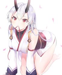 Rule 34 | 1girl, all fours, bad id, bad pixiv id, bare shoulders, blush, breasts, closed mouth, commentary request, cpqm, detached sleeves, fate/grand order, fate (series), hair between eyes, highres, horns, japanese clothes, kimono, long hair, long sleeves, looking at viewer, medium breasts, mouth hold, obi, oni, oni horns, petals, puffy long sleeves, puffy sleeves, red eyes, ribbon, ribbon in mouth, sash, silver hair, simple background, sleeveless, sleeveless kimono, solo, tomoe gozen (fate), very long hair, white background, white kimono, white sleeves