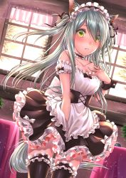 Rule 34 | 1girl, absurdres, animal ears, apron, black thighhighs, blush, breasts, cat ears, choker, commentary request, cuffs, dress, dress tug, frills, green eyes, hair over one eye, highres, indoors, long hair, looking at viewer, maid, maid headdress, medium breasts, original, parted lips, routo (rot 0), sidelocks, silver hair, solo, standing, thighhighs, window