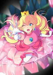 Rule 34 | 1girl, blonde hair, blue eyes, blush, breasts, commission, crown, dress, earrings, elbow gloves, gloves, highres, jewelry, long hair, looking at viewer, mario (series), mitsuki tayura, nintendo, open mouth, pink dress, piranha plant, princess, princess peach, skeb commission, sphere earrings, super mario bros. 1, white gloves