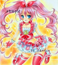 Rule 34 | 10s, 1girl, at classics, bow, cure melody, frills, hair bow, houjou hibiki, magical girl, marker (medium), musical note, precure, sample watermark, solo, staff (music), suite precure, thighhighs, traditional media, twintails, watermark