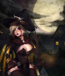 Rule 34 | 1girl, absurdres, blonde hair, breasts, cleavage, earrings, hat, highres, jack-o&#039;-lantern, jack-o&#039;-lantern earrings, jewelry, mary fraser, mercy (overwatch), moon, official alternate costume, overwatch, overwatch 1, solo, witch hat, witch mercy