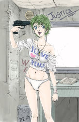 Rule 34 | 1girl, :p, bandaged arm, bandages, blue eyes, clothes writing, commentary request, crack, cracked wall, earrings, english text, green hair, gun, gun to head, heart, holding, holding gun, holding weapon, indoors, jewelry, ken-chan (ookenken), looking at viewer, midriff, navel, necklace, no pants, off shoulder, original, pale skin, panties, phone, piercing, print shirt, ring, shirt, short hair, short sleeves, solo, standing, tongue, tongue out, tongue piercing, underwear, very short hair, weapon, weapon request, white panties, white shirt