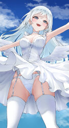 Rule 34 | 1girl, absurdres, angel wings, blue eyes, blue sky, blush, breasts, choker, cloud, cloudy sky, cross, cross earrings, dress, earrings, feet out of frame, garter straps, gluteal fold, hand out of frame, highres, jewelry, lds (dstwins97), long hair, looking at viewer, medium breasts, mole, mole under eye, open mouth, original, out of frame, outdoors, outstretched arms, panties, pantyshot, sky, solo, teeth, thighhighs, underwear, upper teeth only, white choker, white dress, white hair, white panties, white thighhighs, wings