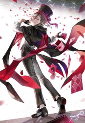 Rule 34 | 1boy, absurdres, ace (playing card), ace of hearts, androgynous, black cape, black gloves, black hat, black jacket, black pants, blonde hair, braid, cape, card, closed mouth, falling petals, genshin impact, gloves, hat, heart, highres, ice s s z, jacket, looking at viewer, looking back, lyney (genshin impact), male focus, medium hair, multicolored hair, pants, petals, pink hair, playing card, purple eyes, red petals, red scarf, scarf, smile, solo, tailcoat, top hat