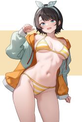 Rule 34 | 1girl, absurdres, aqua eyes, aqua hairband, bikini, bikini under clothes, bluefield, breasts, commentary, gluteal fold, hairband, highres, hololive, jacket, long hair, looking at viewer, medium breasts, navel, oozora subaru, oozora subaru (hololive summer 2019), open clothes, open jacket, open mouth, orange background, polka dot, polka dot hairband, smile, solo, standing, stomach, striped bikini, striped clothes, swimsuit, thighs, two-tone background, virtual youtuber, white background, yellow bikini