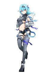Rule 34 | 1girl, ankle boots, bad id, bad pixiv id, black footwear, black hairband, black shorts, blouse, blue hair, boots, breasts, character name, chinese commentary, clothes writing, clothing cutout, commentary request, crop top, eula (genshin impact), full body, genshin impact, grey jacket, grey shirt, grey thighhighs, hair ornament, hairband, hands in pockets, highres, jacket, long hair, long sleeves, looking at viewer, medium breasts, navel, no mouth, open clothes, open fly, open jacket, open shorts, purple eyes, royboy, shirt, short shorts, shorts, skindentation, solo, stomach, thighhighs, thong, underboob, underboob cutout, walking