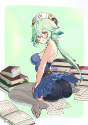 Rule 34 | 1girl, absurdres, artist request, ass, bad id, bad pixiv id, bare shoulders, bike shorts, blush, book, breasts, corset, from behind, genshin impact, glasses, green hair, hat, highres, large breasts, long hair, looking at viewer, low ponytail, multicolored hair, open mouth, orange eyes, ponytail, round eyewear, shiny clothes, shiny skin, shorts, sideboob, sitting, skirt, solo, sucrose (genshin impact), thighhighs, very long hair, wariza, white hair