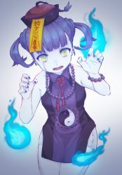 Rule 34 | 1girl, bare shoulders, beads, blue hair, blue skin, china dress, chinese clothes, colored skin, dress, highres, hitodama, jewelry, jiangshi, leaning forward, looking at viewer, necklace, open mouth, original, saino (sainoomisaki), scar, sin mis, solo, thighhighs, yin yang